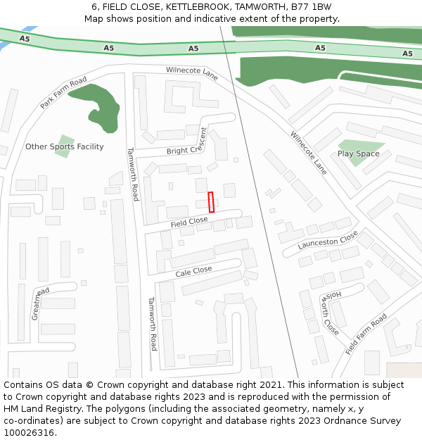 6, FIELD CLOSE, KETTLEBROOK, TAMWORTH, B77 1BW: Location map and indicative extent of plot