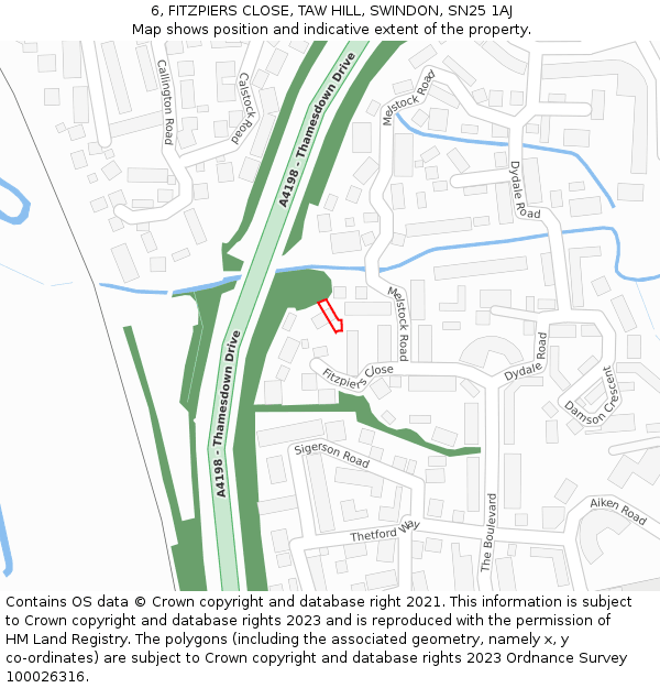 6, FITZPIERS CLOSE, TAW HILL, SWINDON, SN25 1AJ: Location map and indicative extent of plot