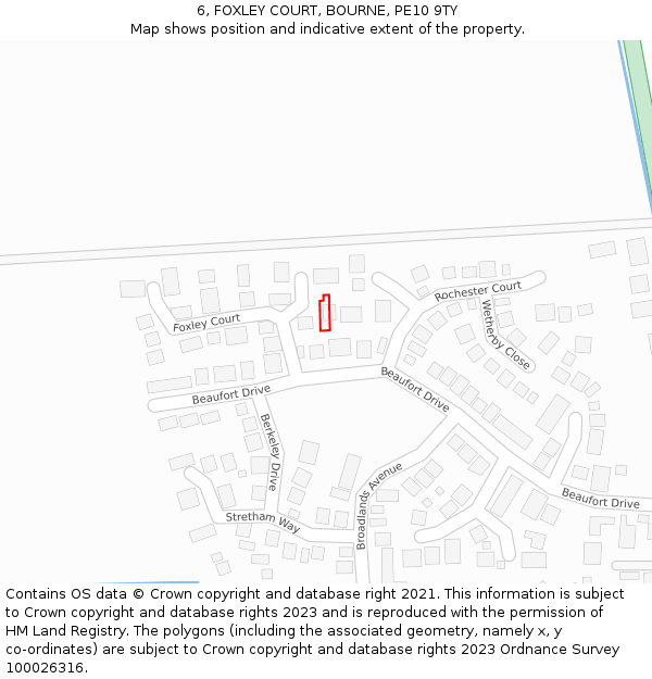 6, FOXLEY COURT, BOURNE, PE10 9TY: Location map and indicative extent of plot