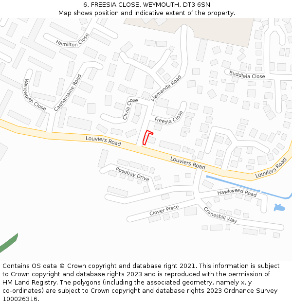 6, FREESIA CLOSE, WEYMOUTH, DT3 6SN: Location map and indicative extent of plot