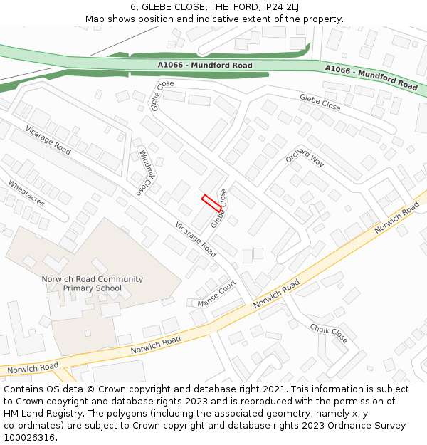 6, GLEBE CLOSE, THETFORD, IP24 2LJ: Location map and indicative extent of plot