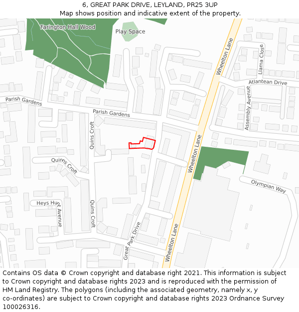 6, GREAT PARK DRIVE, LEYLAND, PR25 3UP: Location map and indicative extent of plot