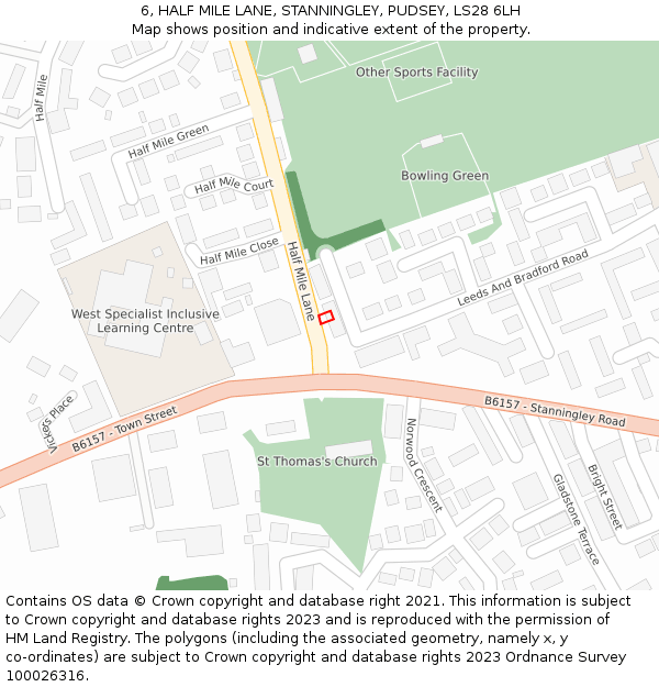 6, HALF MILE LANE, STANNINGLEY, PUDSEY, LS28 6LH: Location map and indicative extent of plot
