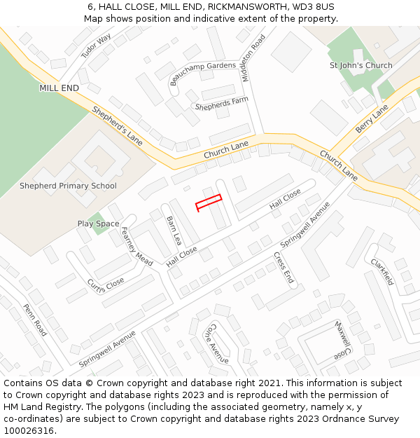 6, HALL CLOSE, MILL END, RICKMANSWORTH, WD3 8US: Location map and indicative extent of plot