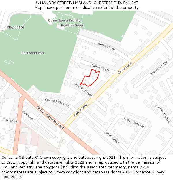 6, HANDBY STREET, HASLAND, CHESTERFIELD, S41 0AT: Location map and indicative extent of plot