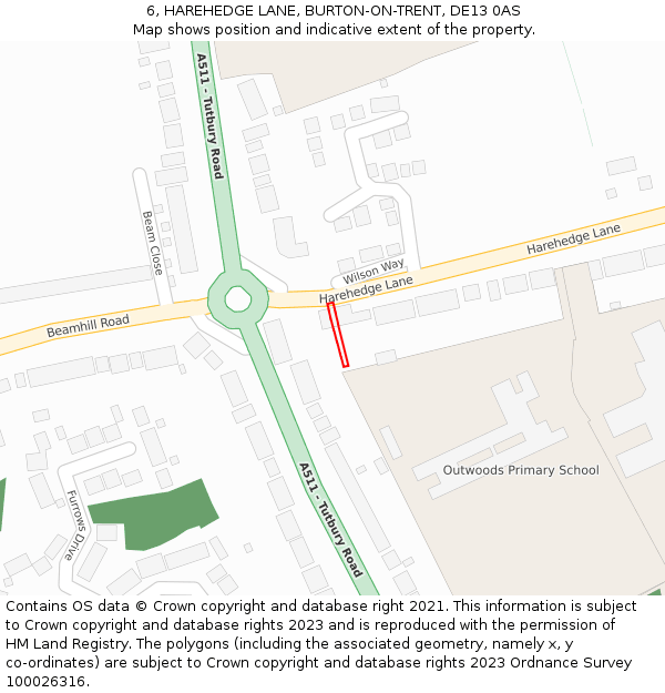 6, HAREHEDGE LANE, BURTON-ON-TRENT, DE13 0AS: Location map and indicative extent of plot