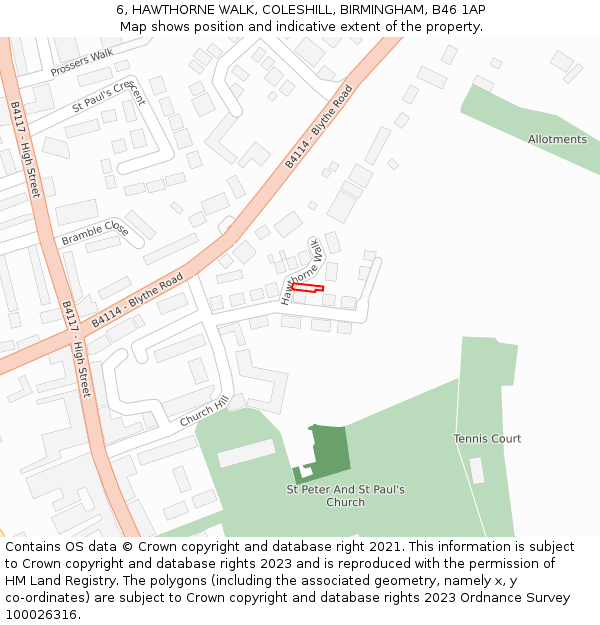 6, HAWTHORNE WALK, COLESHILL, BIRMINGHAM, B46 1AP: Location map and indicative extent of plot