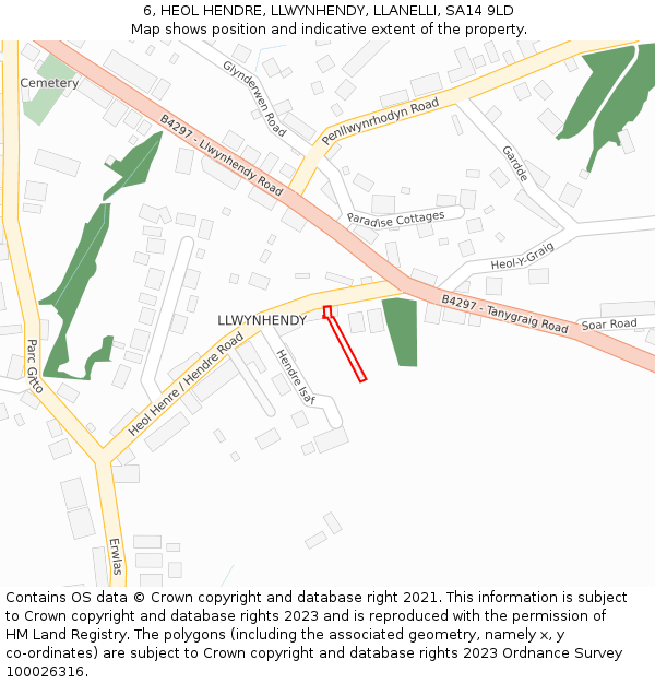 6, HEOL HENDRE, LLWYNHENDY, LLANELLI, SA14 9LD: Location map and indicative extent of plot