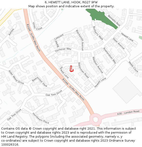 6, HEWETT LANE, HOOK, RG27 9FW: Location map and indicative extent of plot