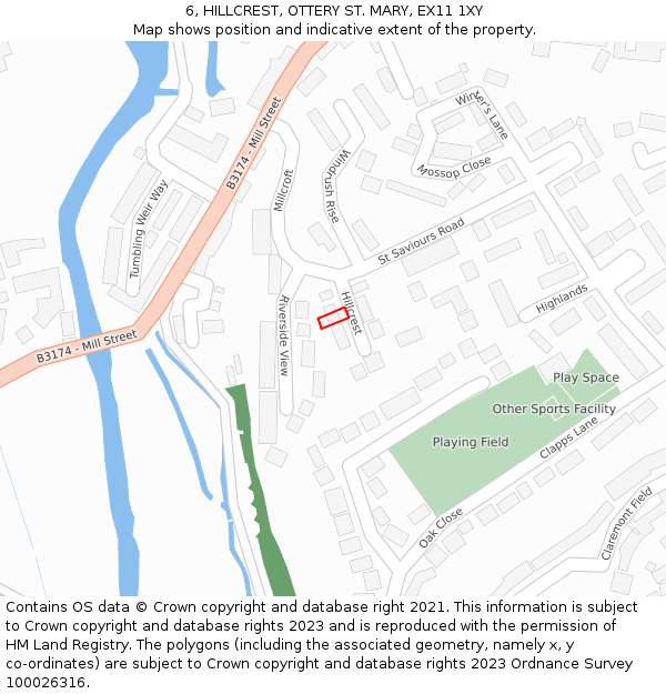 6, HILLCREST, OTTERY ST. MARY, EX11 1XY: Location map and indicative extent of plot