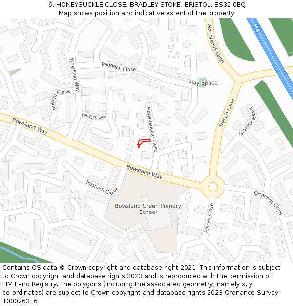 6, HONEYSUCKLE CLOSE, BRADLEY STOKE, BRISTOL, BS32 0EQ: Location map and indicative extent of plot