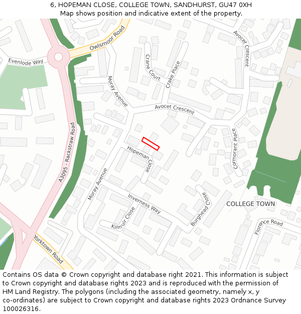 6, HOPEMAN CLOSE, COLLEGE TOWN, SANDHURST, GU47 0XH: Location map and indicative extent of plot