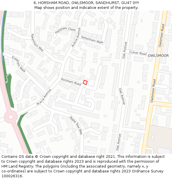 6, HORSHAM ROAD, OWLSMOOR, SANDHURST, GU47 0YY: Location map and indicative extent of plot