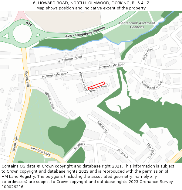 6, HOWARD ROAD, NORTH HOLMWOOD, DORKING, RH5 4HZ: Location map and indicative extent of plot