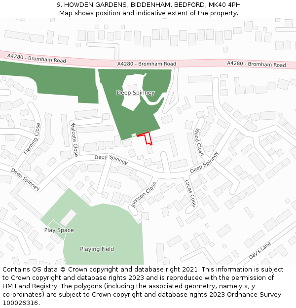 6, HOWDEN GARDENS, BIDDENHAM, BEDFORD, MK40 4PH: Location map and indicative extent of plot