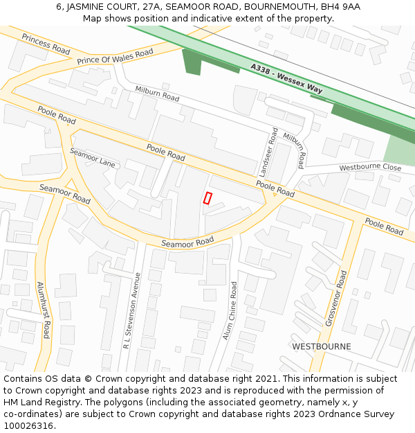6, JASMINE COURT, 27A, SEAMOOR ROAD, BOURNEMOUTH, BH4 9AA: Location map and indicative extent of plot