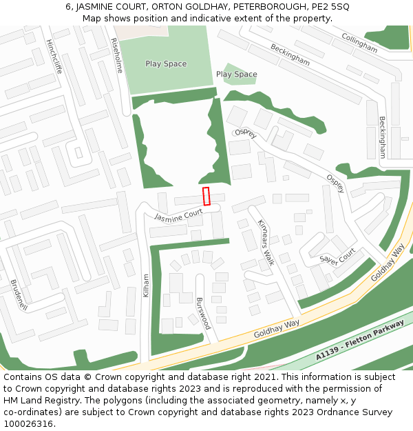 6, JASMINE COURT, ORTON GOLDHAY, PETERBOROUGH, PE2 5SQ: Location map and indicative extent of plot