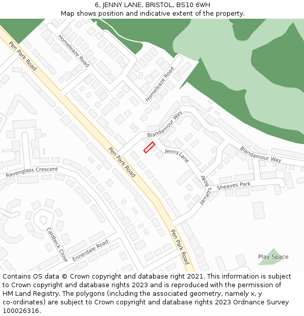 6, JENNY LANE, BRISTOL, BS10 6WH: Location map and indicative extent of plot