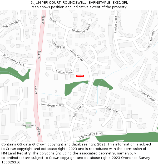 6, JUNIPER COURT, ROUNDSWELL, BARNSTAPLE, EX31 3RL: Location map and indicative extent of plot