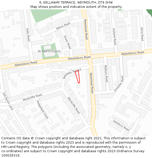 6, KELLAWAY TERRACE, WEYMOUTH, DT4 0HW: Location map and indicative extent of plot
