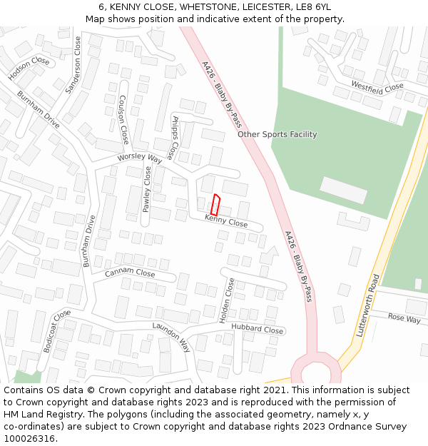 6, KENNY CLOSE, WHETSTONE, LEICESTER, LE8 6YL: Location map and indicative extent of plot