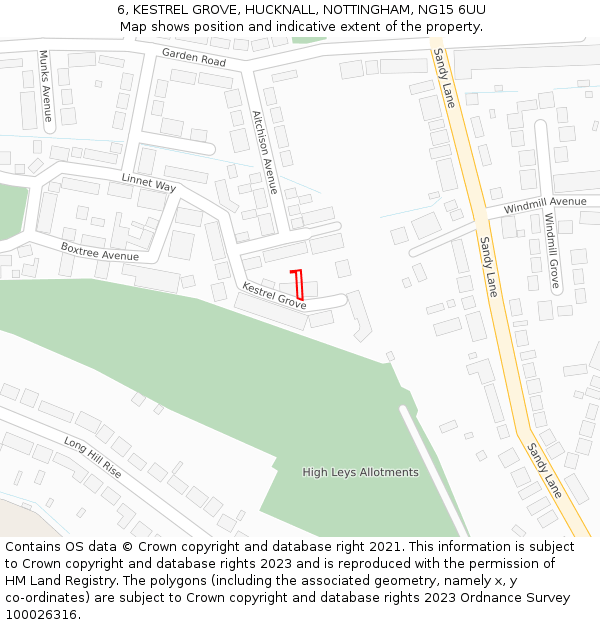 6, KESTREL GROVE, HUCKNALL, NOTTINGHAM, NG15 6UU: Location map and indicative extent of plot