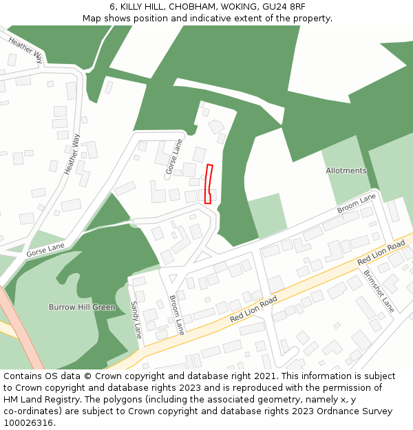 6, KILLY HILL, CHOBHAM, WOKING, GU24 8RF: Location map and indicative extent of plot