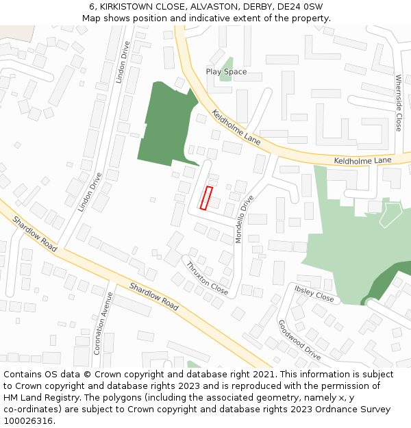6, KIRKISTOWN CLOSE, ALVASTON, DERBY, DE24 0SW: Location map and indicative extent of plot