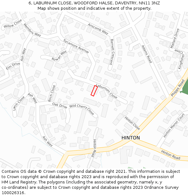 6, LABURNUM CLOSE, WOODFORD HALSE, DAVENTRY, NN11 3NZ: Location map and indicative extent of plot