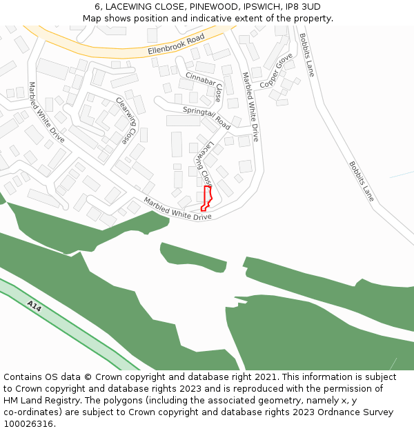 6, LACEWING CLOSE, PINEWOOD, IPSWICH, IP8 3UD: Location map and indicative extent of plot