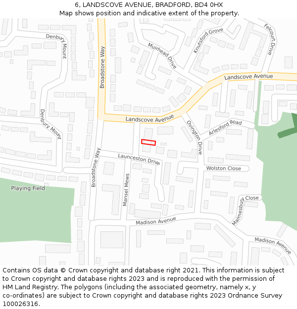 6, LANDSCOVE AVENUE, BRADFORD, BD4 0HX: Location map and indicative extent of plot