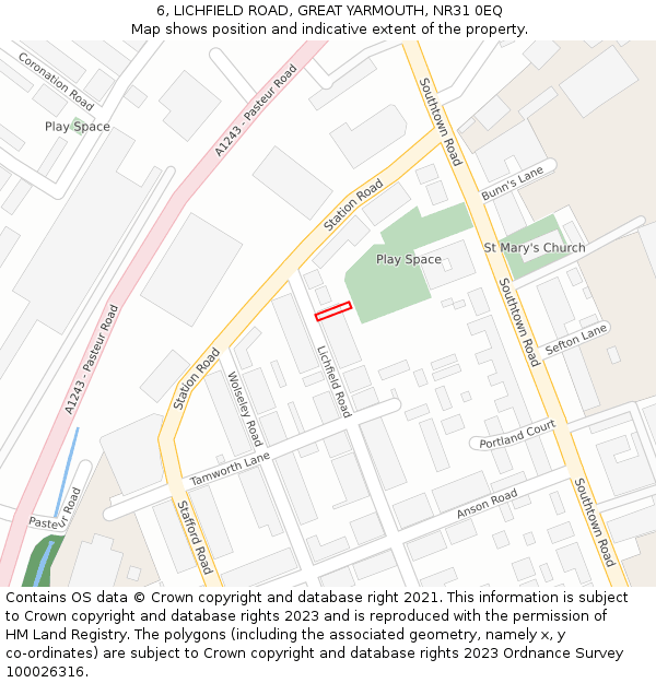 6, LICHFIELD ROAD, GREAT YARMOUTH, NR31 0EQ: Location map and indicative extent of plot