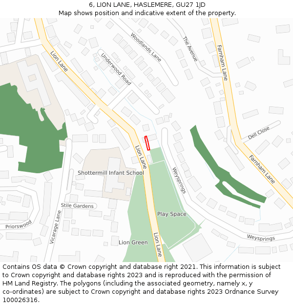 6, LION LANE, HASLEMERE, GU27 1JD: Location map and indicative extent of plot