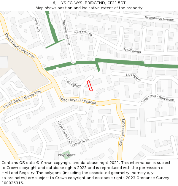 6, LLYS EGLWYS, BRIDGEND, CF31 5DT: Location map and indicative extent of plot