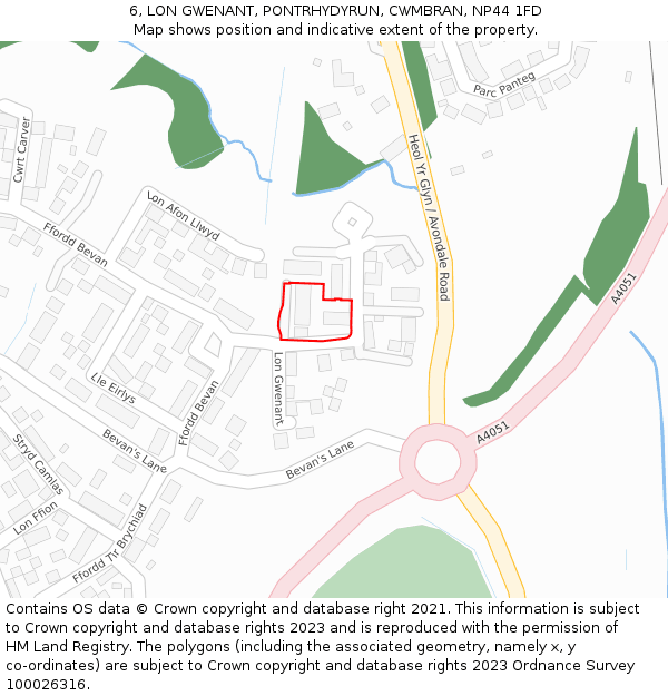 6, LON GWENANT, PONTRHYDYRUN, CWMBRAN, NP44 1FD: Location map and indicative extent of plot