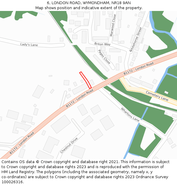 6, LONDON ROAD, WYMONDHAM, NR18 9AN: Location map and indicative extent of plot