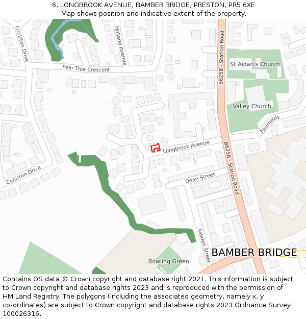6, LONGBROOK AVENUE, BAMBER BRIDGE, PRESTON, PR5 6XE: Location map and indicative extent of plot