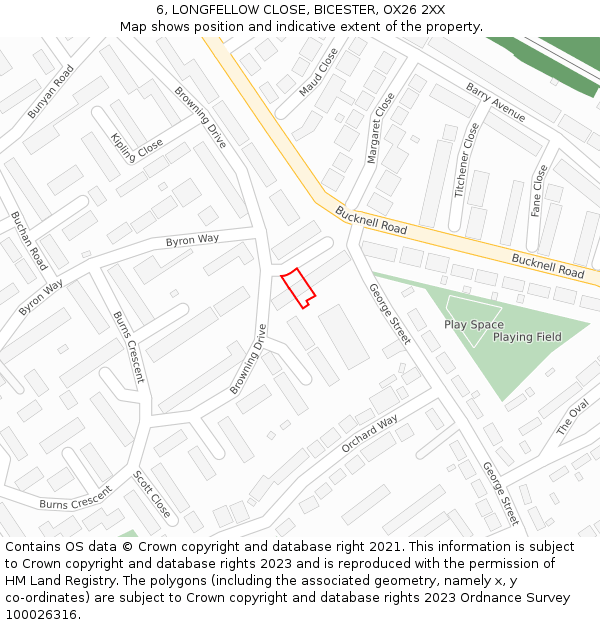 6, LONGFELLOW CLOSE, BICESTER, OX26 2XX: Location map and indicative extent of plot