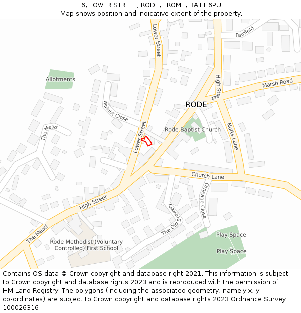 6, LOWER STREET, RODE, FROME, BA11 6PU: Location map and indicative extent of plot