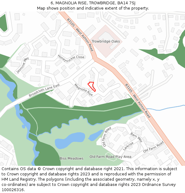 6, MAGNOLIA RISE, TROWBRIDGE, BA14 7SJ: Location map and indicative extent of plot