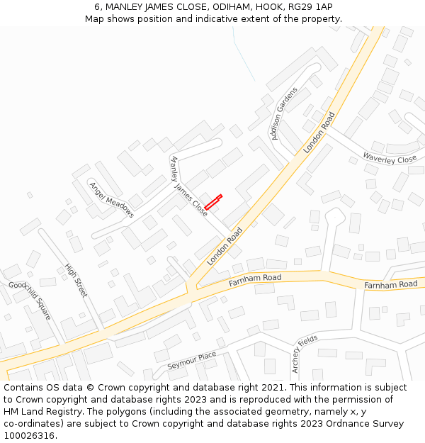 6, MANLEY JAMES CLOSE, ODIHAM, HOOK, RG29 1AP: Location map and indicative extent of plot