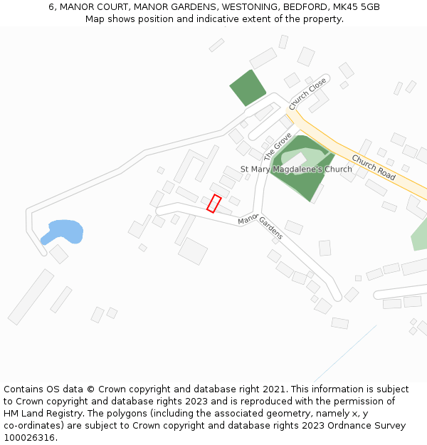 6, MANOR COURT, MANOR GARDENS, WESTONING, BEDFORD, MK45 5GB: Location map and indicative extent of plot