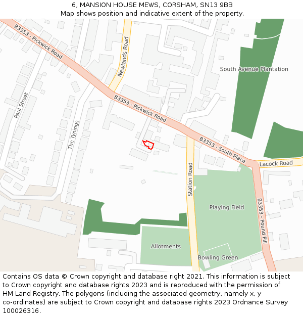 6, MANSION HOUSE MEWS, CORSHAM, SN13 9BB: Location map and indicative extent of plot