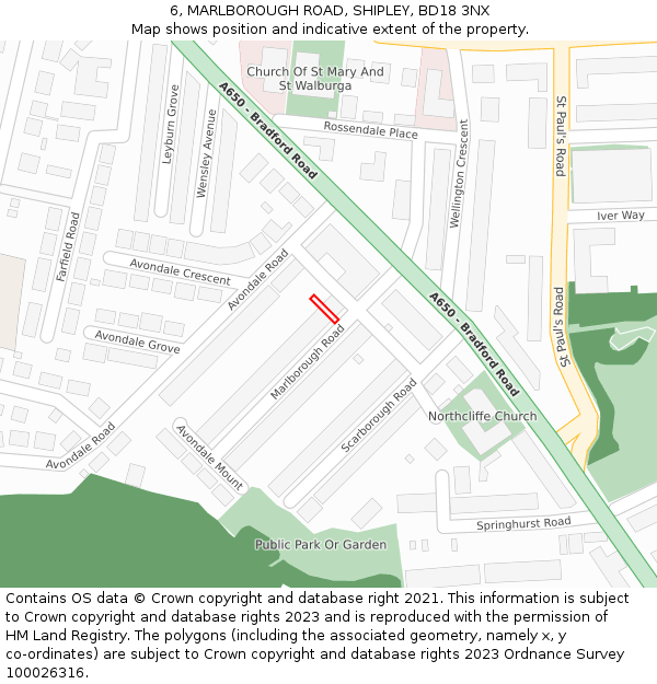 6, MARLBOROUGH ROAD, SHIPLEY, BD18 3NX: Location map and indicative extent of plot