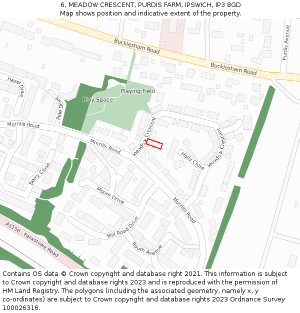 6, MEADOW CRESCENT, PURDIS FARM, IPSWICH, IP3 8GD: Location map and indicative extent of plot