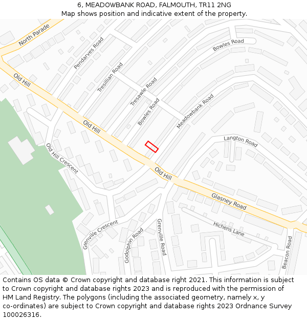 6, MEADOWBANK ROAD, FALMOUTH, TR11 2NG: Location map and indicative extent of plot