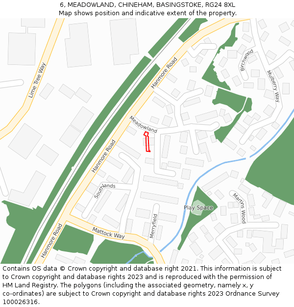 6, MEADOWLAND, CHINEHAM, BASINGSTOKE, RG24 8XL: Location map and indicative extent of plot