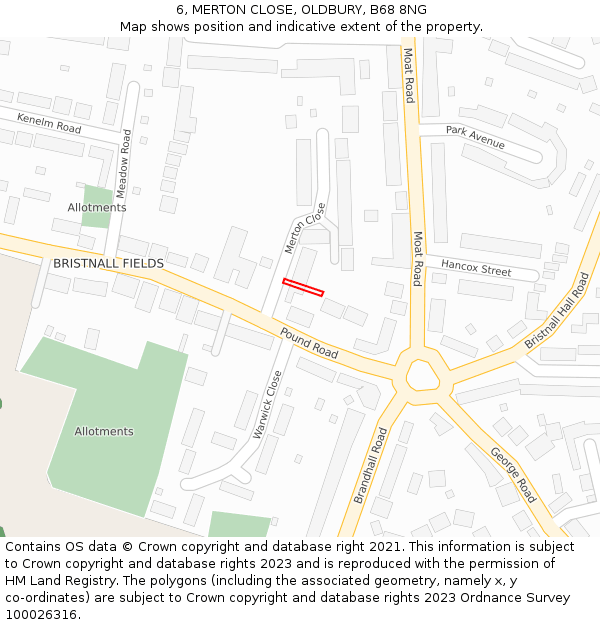 6, MERTON CLOSE, OLDBURY, B68 8NG: Location map and indicative extent of plot