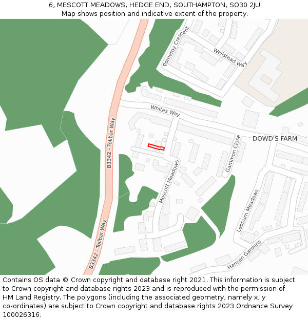 6, MESCOTT MEADOWS, HEDGE END, SOUTHAMPTON, SO30 2JU: Location map and indicative extent of plot