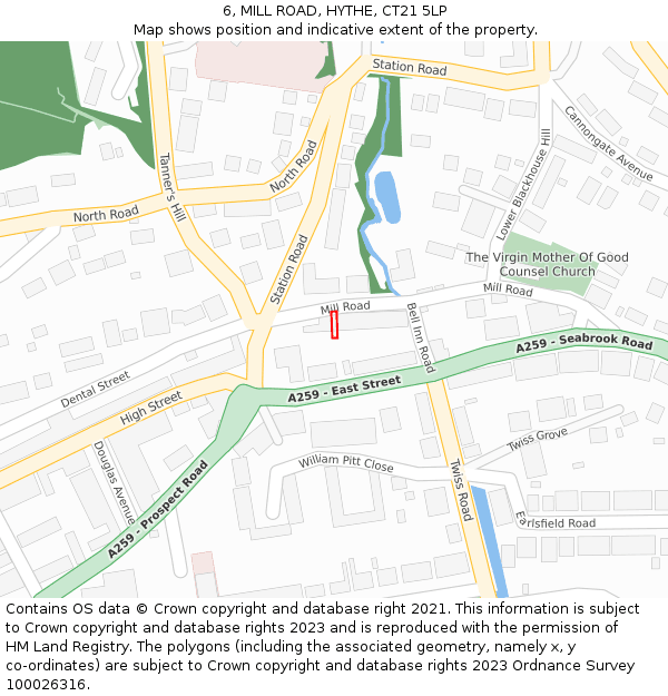6, MILL ROAD, HYTHE, CT21 5LP: Location map and indicative extent of plot